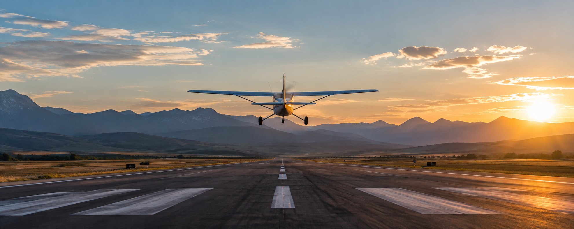 A Cessna climbing out over the runway at sunset, mountains behind