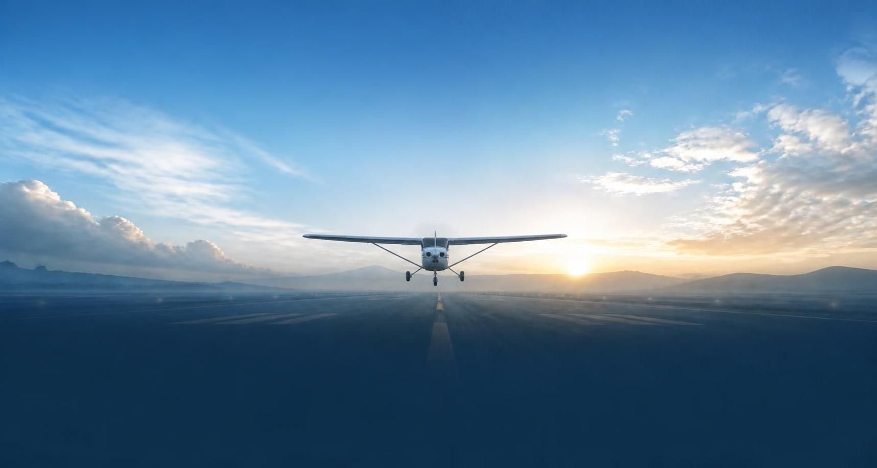 A Cessna lifting off at sunrise